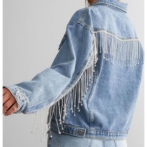 . Vervet Distressed Rhinestone Fringe Long Sleeve Denim Jacket